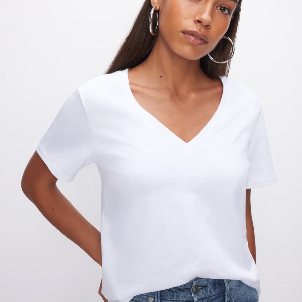 Good American | Women's Top, Cotton Classic V-neck Tee - Sz 2, White